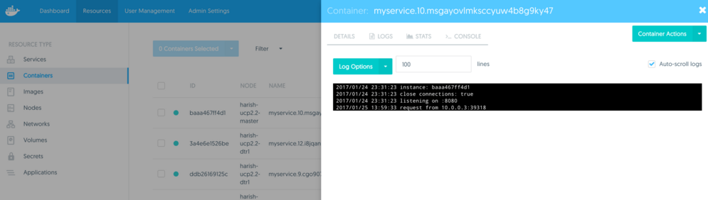 UCP container log view in Docker Datacenter