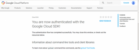 Browser confirmation screen after successful Google Cloud authentication