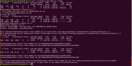 Terminal showing Kubernetes installation via the get.k8s.io script
